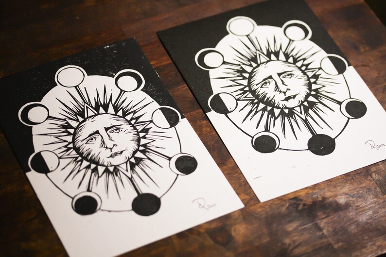 Sun and Moon Ink Print Original Handcrafted Linoleum Cut Art Etsy
