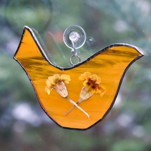 Folk Bird Hanging Glass Flower Display -  Marigold - Birthday Month October - Libra Scorpio