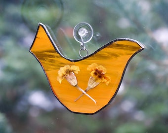 Folk Bird Hanging Glass Flower Display -  Marigold - Birthday Month October - Libra Scorpio - Bereavement