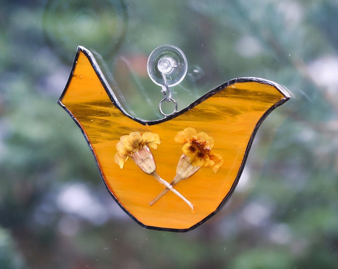 Featured listing image: Folk Bird Hanging Glass Flower Display -  Marigold - Birthday Month October - Libra Scorpio