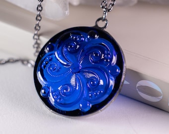 Joias de vitral - Pingente de joia de vidro antigo vitoriano - Azul escuro
