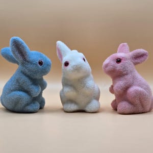 Vintage Flocked Bunnies - Pink, Baby Blue, and White Easter Basket Collectibles