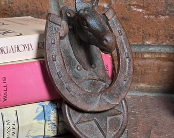 Vintage Cast Iron Horse Head Door Knocker with Horseshoe & Texas Star