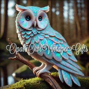 Pu&ograve; includere: Un gufo bianco con piume iridescenti blu e verdi. Il gufo &egrave; appollaiato su un ramo con del muschio che cresce su di esso. Gli occhi del gufo sono blu e il testo "Opal Owl Vintage Gifts" &egrave; visibile sullo sfondo.