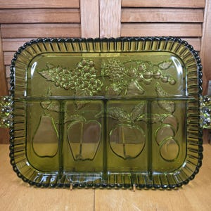 Vintage Indiana Glass Olive Green Relish Tray - 5 Section Divided Serving Dish