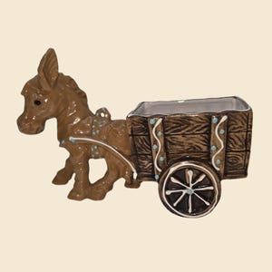 Vintage Ceramic Donkey & Cart Figurine - Burro Pulling Wagon Planter - Mid-Century Kitsch Trinket Holder