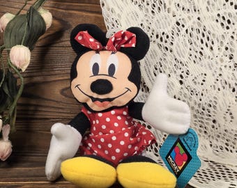 Vintage Minnie Mouse Bean Bag Plush in Red Dress with White Polk-a-Dots, 8" Tall, Made by Applause, New with Tags