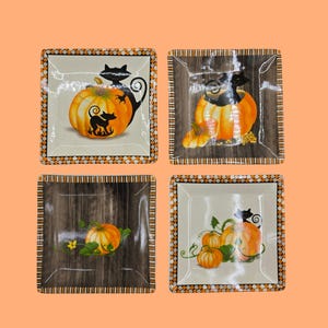 Vintage Halloween Dessert Plates - Set of 4 Ceramic Pumpkin & Black Cat Square Dishes - Ideal for Serving or Decorating
