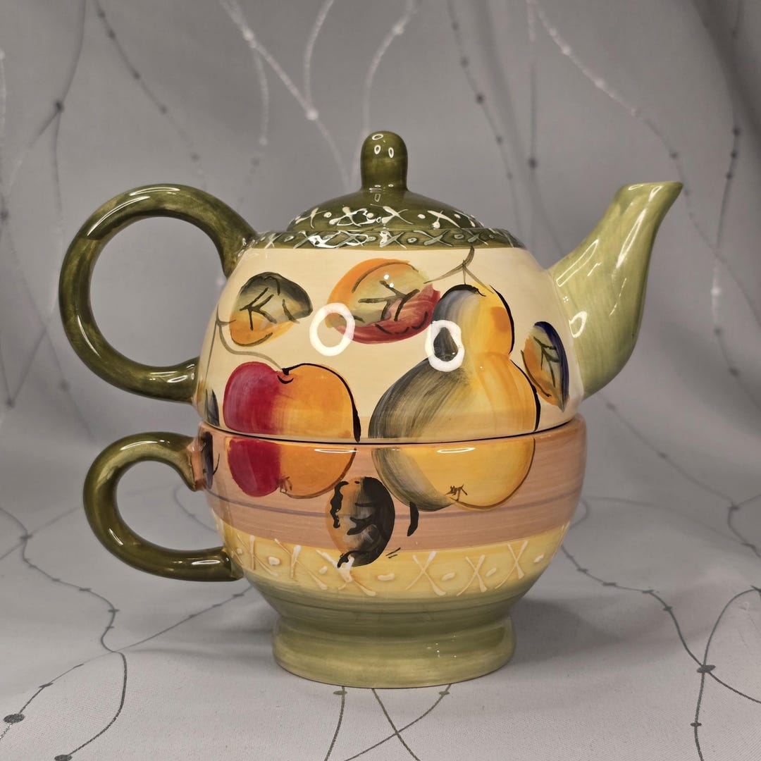 Tea-for-one Teapot & Teacup With Fall Orchard and Foliage Motif ...