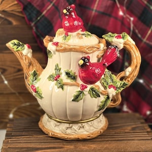 Ceramic Kaldun & Bogle Cardinal Teapot - Snowy Winter Scene with Holly - Branch Spout and Handle - Vintage Woodland Inspired Decor