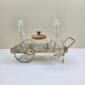 Vintage Glass and Metal Oil and Vinegar Cruet Set with Caddy - Includes Two Cruets, One Condiment Jar, and Salt & Pepper Shakers