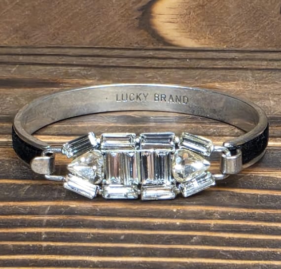 Vintage Lucky Brand 90s Velvet Art Deco Cuff Bracelet – Geometric Rhinestone Statement Bangle