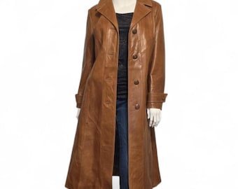 Skin Gear Brown Leather Trench Coat - Women's Size XS / Small - Earth Tone Long Leather Jacket with Belt - Vintage 1970s Retro Outerwear