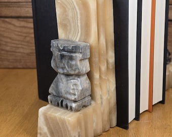 Pair of Vintage Hand-Carved Aztec Mayan Style Onyx & Marble Bookends