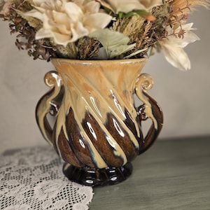 Handmade Ceramic Vase with Scrolled Handles Earthy Neutral Tones Brown Cream Caramel Glaze Unsigned
