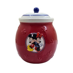 Vintage Disney Mickey & Minnie Mouse Cookie Jar, Red Ceramic with White and Blue Lid