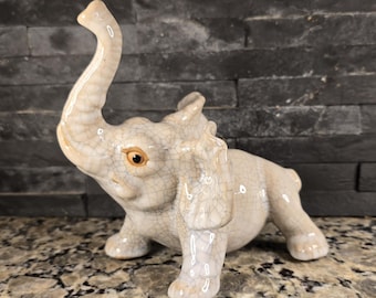 Vintage Off-White Crackle Glaze Elephant Figurine with Upward Trunk - Mid Century Home Decor