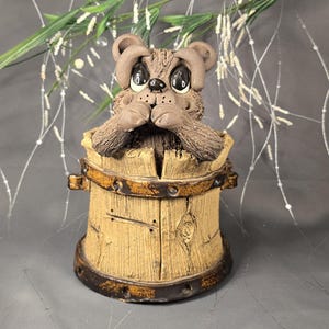 Rustic Bear Planter - Handmade Ceramic Wood Barrel Pot - Cute Cottagecore Animal Planter - Vintage Cabin or Lodge Decor