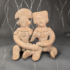 Mesoamerican/Mayan Style Clay Sculpture of Seated Embracing Couple - Vintage Reproduction of Ancient Artworks of Early Civilizations