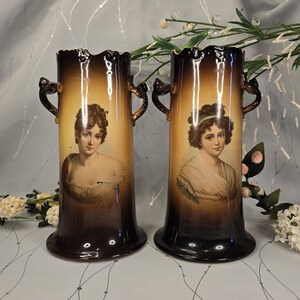 Antique IOGA Warwick Hand-Painted Portrait Vases - Pair with Noble Ladies - Edwardian Era Ceramic Art Pottery - Twisted Twig Handles