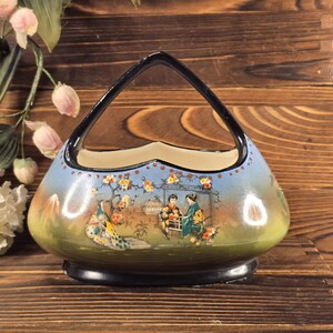 Mid-Century Czechoslovakian Ceramic Basket with Arched Handle and Hand-Painted Scenic Design with Asian Motifs
