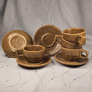 8-Piece Monmouth Pottery Maple Leaf USA Mojave Brown Vintage Cup and Saucer, Service for 4, Speckled Glaze Finish