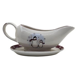 Royal Seasons Stoneware Gravy Boat with Matching Underplate, Snowman Design, Vintage Holiday Serving