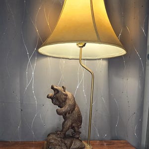 Vintage Handmade Bronze Bear Lamp - Rustic Cabin Lodge Decor - Working Wood & Bronze Table Lamp - Woodland Wildlife Themed Home Accent