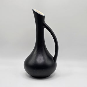 Sleek Matte Black Vintage Royal Haeger Black Vase with Handle Mid Century Pottery Pitcher