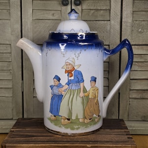 Vintage Tall Dutch Chocolate Pot - Flow Blue Style with Gold Filigree