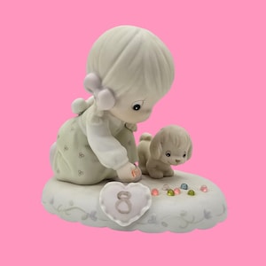 Precious Moments &quot;Growing in Grace&quot; Age 8 Figurine - Vintage 1995 - Blonde Girl Playing Marbles with Puppy - Birthday Gift Collectible
