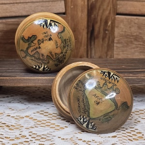 Vintage Hand-Painted Old World Map Trinket Boxes - Pair of Small Keepsake Holders