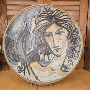 Hand-Thrown Studio Pottery Decorative Bowl - Vintage Home Decor, Signed & Dated '73 - Stylized Woman Portrait - 11.5" Diameter