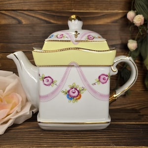 Royal Danube Porcelain Teapot - Rectangular Shape, Floral & Ribbon Design, Gold Trim - Elegant, Vintage Tea Party Serveware