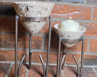 Vintage Brutalist Conical Ceramic Candle Holder with Welded Metal Stand