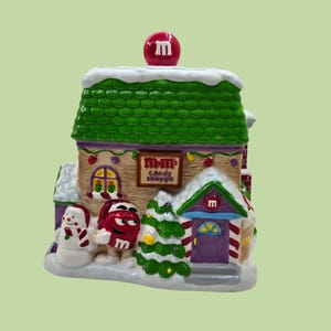 Vintage 2002 M&M&#39;s &quot;Candy Shoppe&quot; Christmas Cookie Jar - Festive Ceramic Collectible with Red, Yellow, Green M and M Candies