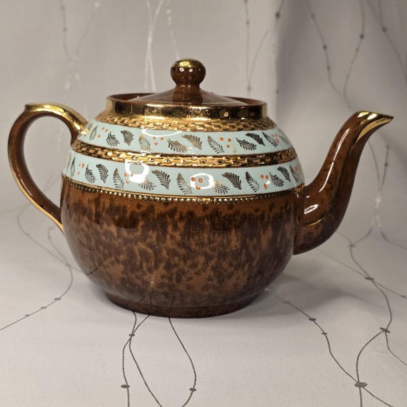Vintage Arthur Wood Ceramic Teapot, Mottled Brown With Blue & Gold