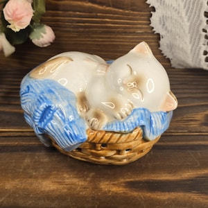 Avon Ceramic Sleeping Cat Pomander - Scent Fragrance Diffuser Figurine - Collectible Kitten Home Decor - Vintage 1983