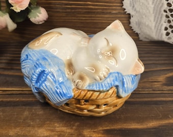 Avon Ceramic Sleeping Cat Pomander - Scent Fragrance Diffuser Figurine - Collectible Kitten Home Decor - Vintage 1983