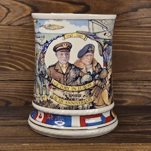 Vintage 1995 Windsor VE Day 50th Anniversary Ceramic Tankard - WWII Commemorative Mug - Churchill & Montgomery - Made in England