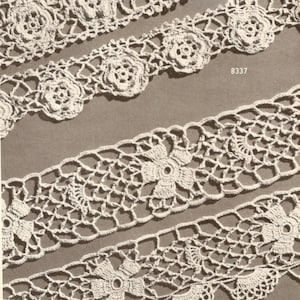 May include: Four rows of white crocheted lace trim with different patterns. The top row has a simple floral design. The second row has a more intricate floral design. The third row has a geometric design with a flower in the center. The bottom row has a scalloped edge with a flower in the center. The numbers 8337 and 8268 are printed on the image.
