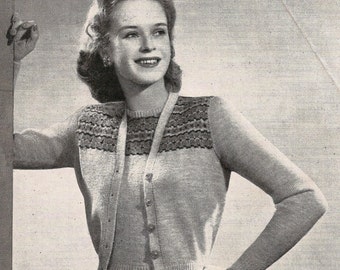 Modèle de tricot vintage des années 1940 Fair Isle Yoke Twin Set 319