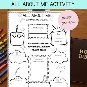 May include: A black and white "All About Me" activity sheet with fill-in-the-blank sections, a birthday cake illustration, and the text "God Made Me Special!" A brown Bible and a set of crayons are also visible.