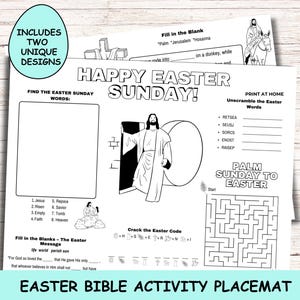 Easter Bible Activity Placemat, Holy Week Printable, Easter Activities, Palm Sunday Activity, He is Risen,  Bible Games for Kids