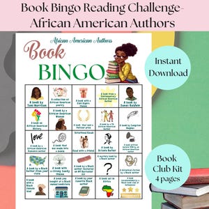 May include: A green and white bingo card with the title "Book Bingo Reading Challenge - African American Authors". The card has 25 squares with different book-related challenges, such as "A book by Toni Morrison" and "A book that was made into a movie".
