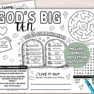 10 Commandments Coloring Activity Placemat for Kids, Bible Games, Sunday School Craft