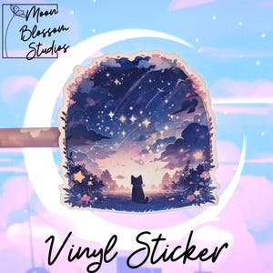 Starry Night Black Cat Vinyl Sticker, Kindle Stickers, , Cat Lover Gifts, Laptop Sticker, Water Bottle Sticker