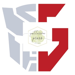 May include: Abstract design in red and gray, with a white background. The design incorporates geometric shapes and a central logo that reads "patterson press design" in a script font within a gold hexagon.