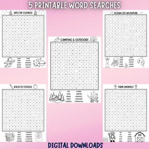 5 Printable Word Search Puzzles for Kids – Digital Download | Fun Educational Activity Sheets for Classrooms, Parties & Road Trips