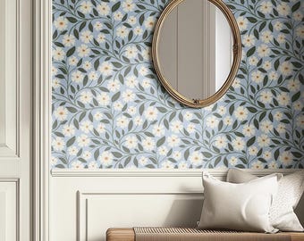 Cottagecore White Trailing Floral on Dusty Blue Wallpaper, Bedroom, Laundry, Nursery, Removable Peel & Stick or Pre-pasted Wallpaper